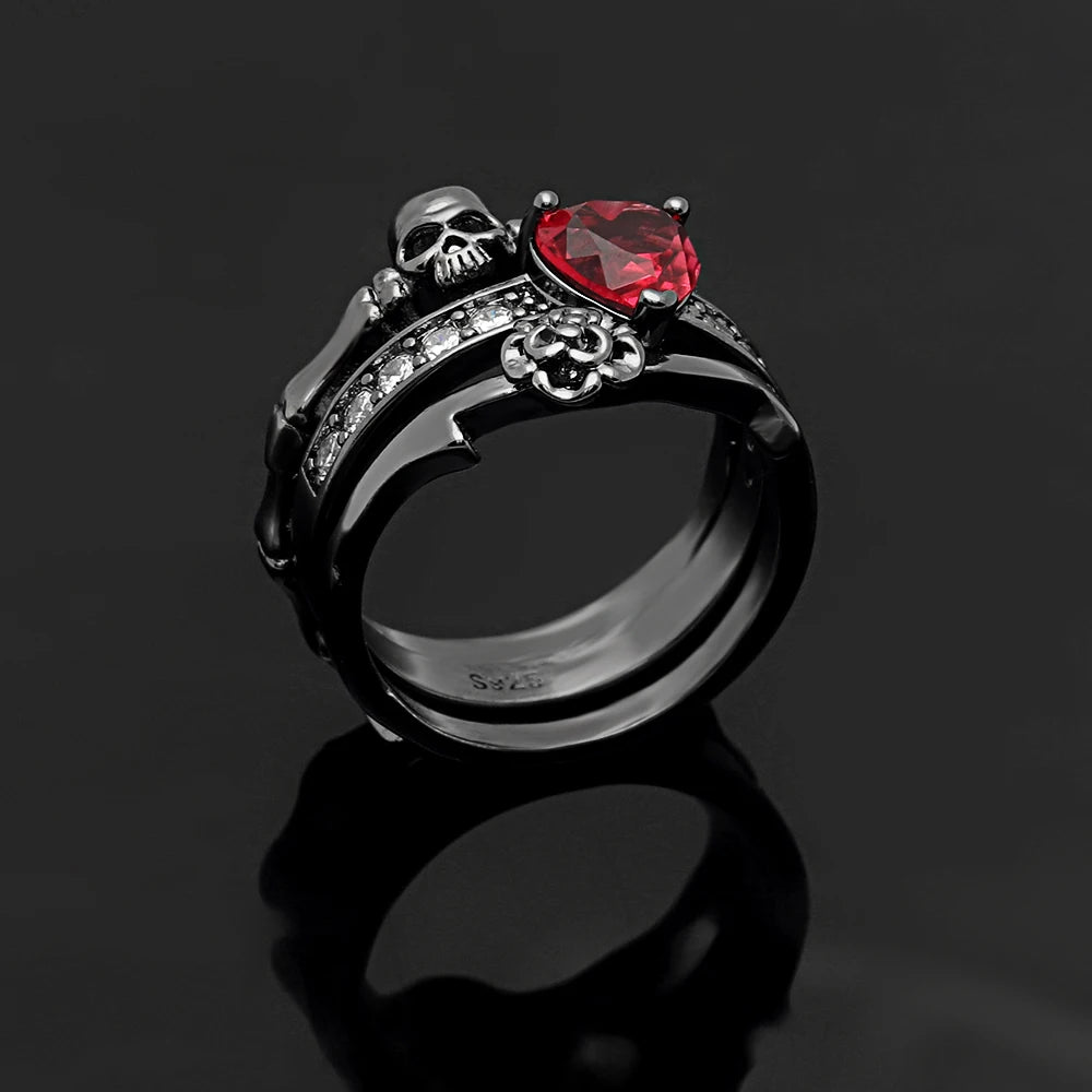 Gothic Skull Finger Black Gold Color wedding rings sets For Women Girl Red Heart CZ Rose Flower Trendy Jewelry Gift rings