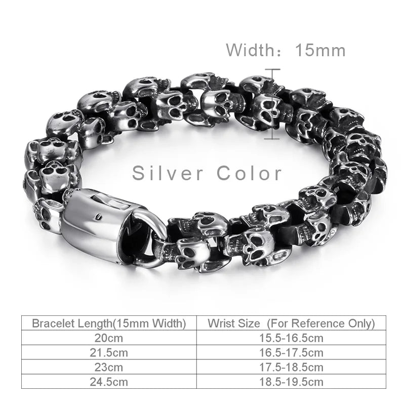 Fongten 12/15mm Skull Charm Bracelets For Men Stainless Steel Steleton Chain Mens Wristband Bracelet Bangle Gothic Jewelry
