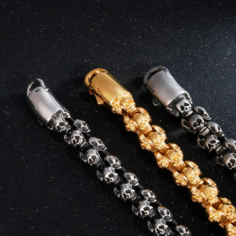 Fongten 12/15mm Skull Charm Bracelets For Men Stainless Steel Steleton Chain Mens Wristband Bracelet Bangle Gothic Jewelry