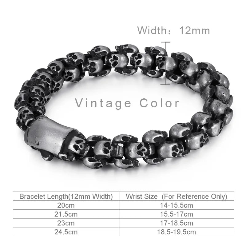 Fongten 12/15mm Skull Charm Bracelets For Men Stainless Steel Steleton Chain Mens Wristband Bracelet Bangle Gothic Jewelry