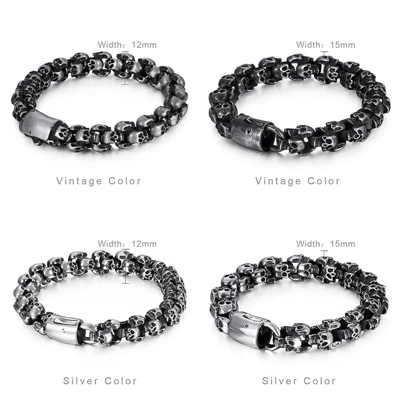 Fongten 12/15mm Skull Charm Bracelets For Men Stainless Steel Steleton Chain Mens Wristband Bracelet Bangle Gothic Jewelry
