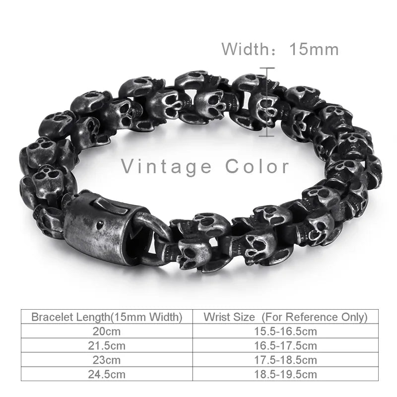 Fongten 12/15mm Skull Charm Bracelets For Men Stainless Steel Steleton Chain Mens Wristband Bracelet Bangle Gothic Jewelry
