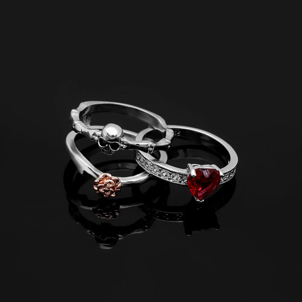 Gothic Skull Finger Black Gold Color wedding rings sets For Women Girl Red Heart CZ Rose Flower Trendy Jewelry Gift rings
