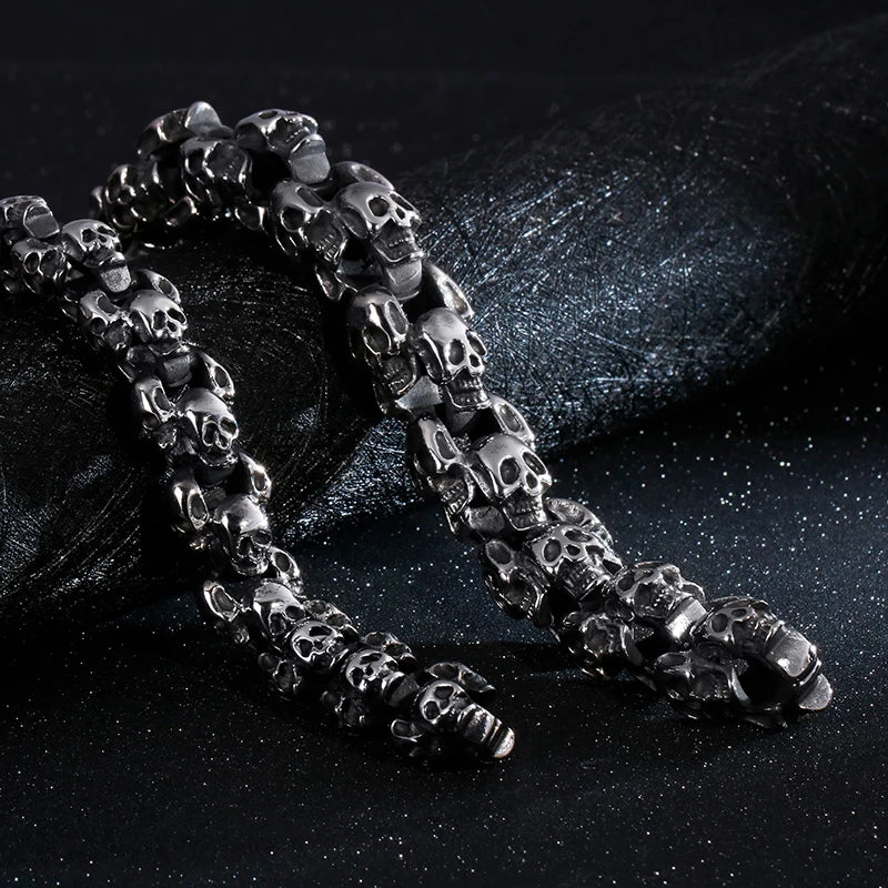 Fongten 12/15mm Skull Charm Bracelets For Men Stainless Steel Steleton Chain Mens Wristband Bracelet Bangle Gothic Jewelry