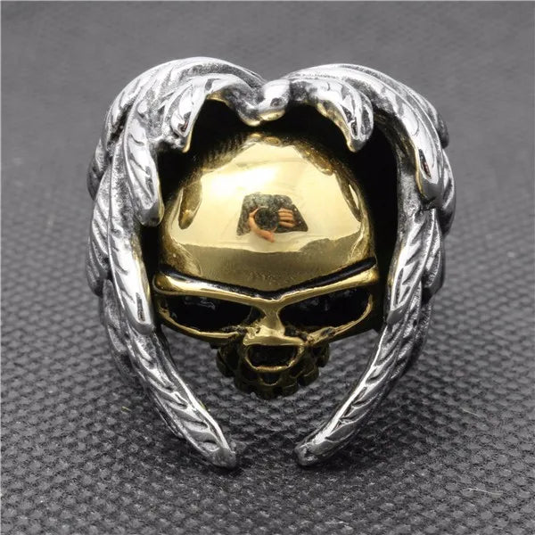 2024 New Cool Style Golden Fashion Skull Ring With Wings 316L Stainless Steel Mens Fashion Motor Biker Skull ring