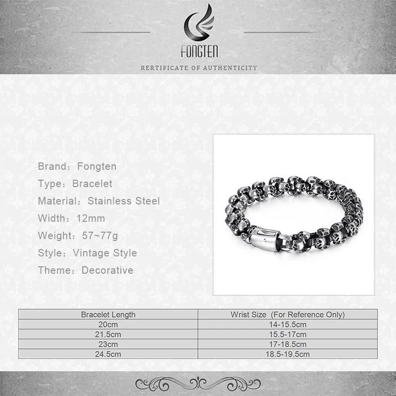 Fongten 12/15mm Skull Charm Bracelets For Men Stainless Steel Steleton Chain Mens Wristband Bracelet Bangle Gothic Jewelry
