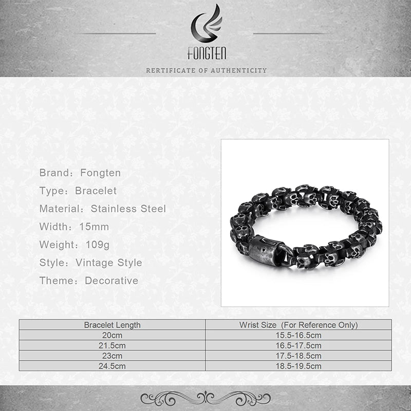 Fongten 12/15mm Skull Charm Bracelets For Men Stainless Steel Steleton Chain Mens Wristband Bracelet Bangle Gothic Jewelry