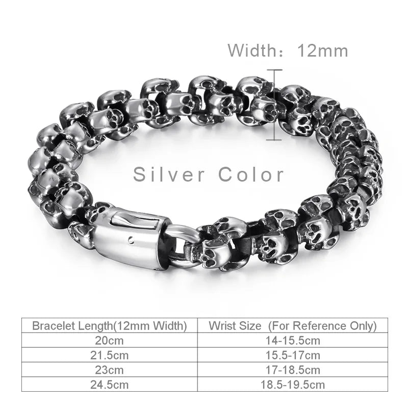 Fongten 12/15mm Skull Charm Bracelets For Men Stainless Steel Steleton Chain Mens Wristband Bracelet Bangle Gothic Jewelry