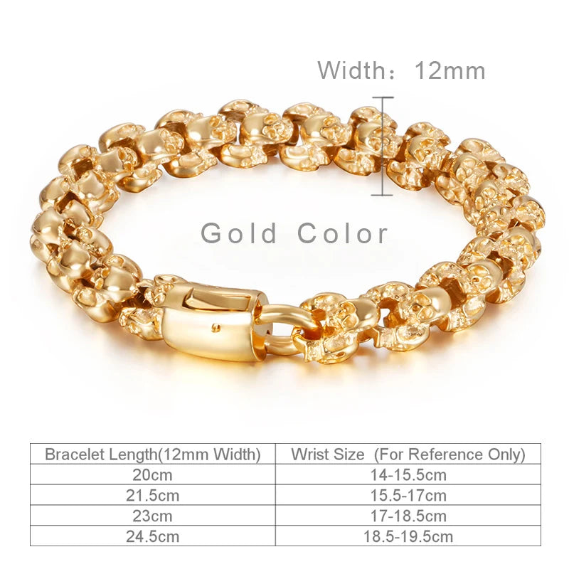 Fongten 12/15mm Skull Charm Bracelets For Men Stainless Steel Steleton Chain Mens Wristband Bracelet Bangle Gothic Jewelry