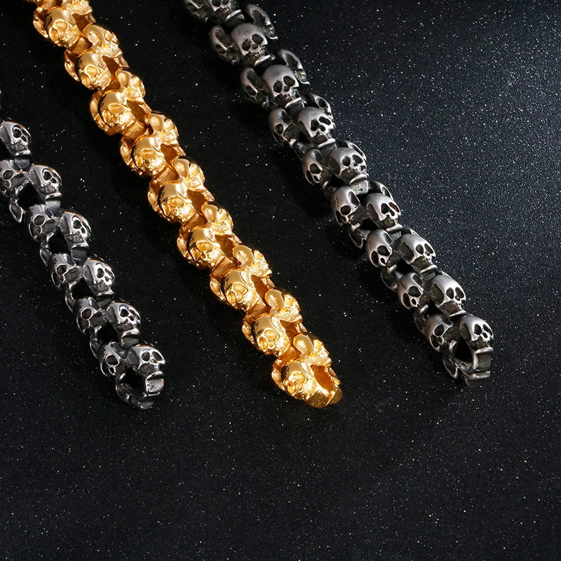 Fongten 12/15mm Skull Charm Bracelets For Men Stainless Steel Steleton Chain Mens Wristband Bracelet Bangle Gothic Jewelry