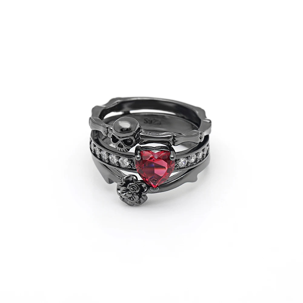 Gothic Skull Finger Black Gold Color wedding rings sets For Women Girl Red Heart CZ Rose Flower Trendy Jewelry Gift rings