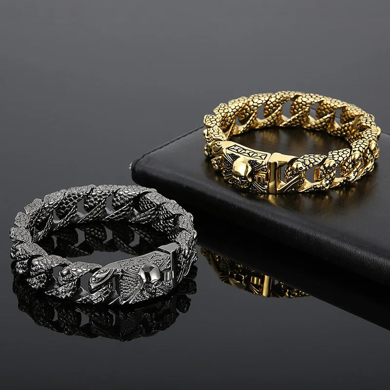 Fongten Gothic Mens Bracelets Stainless Steel Skull Franco Curb Chain Bracelet For Men Multiple Color Skeleton Armband Jewelry