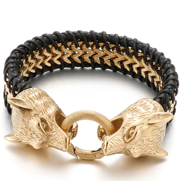 Vintage Double Wolf Lion Head Men's Bracelets 23CM Long Braided Genuine Leather & Stainless Steel Gothic Skull Bracelet for Men