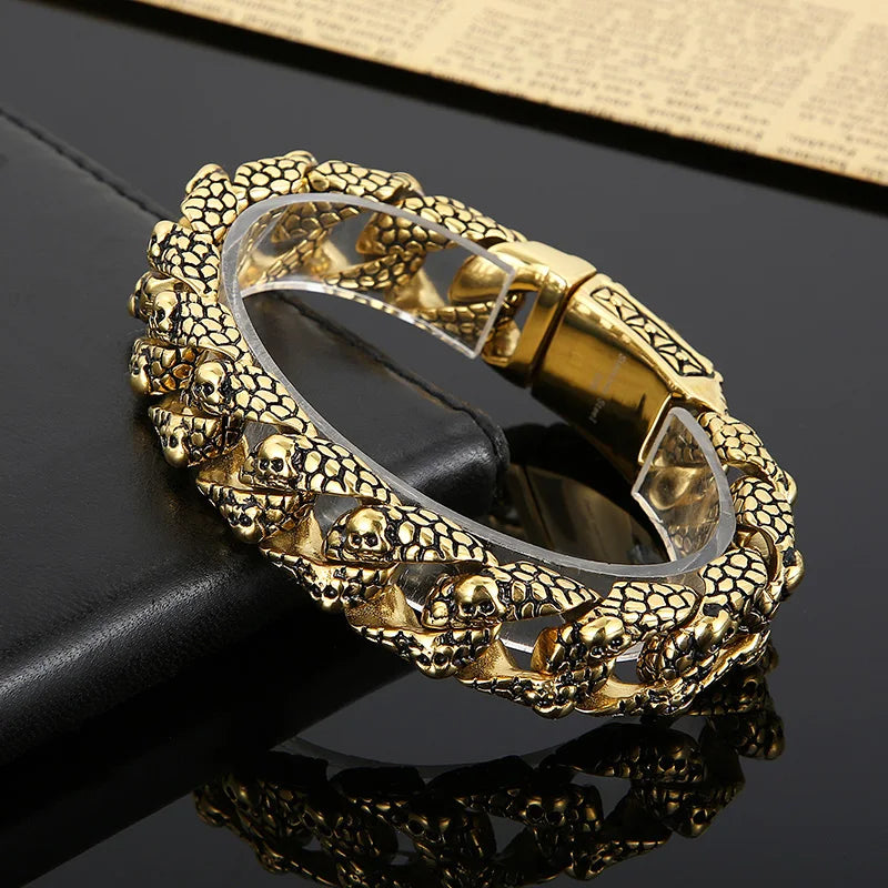 Fongten Gothic Mens Bracelets Stainless Steel Skull Franco Curb Chain Bracelet For Men Multiple Color Skeleton Armband Jewelry