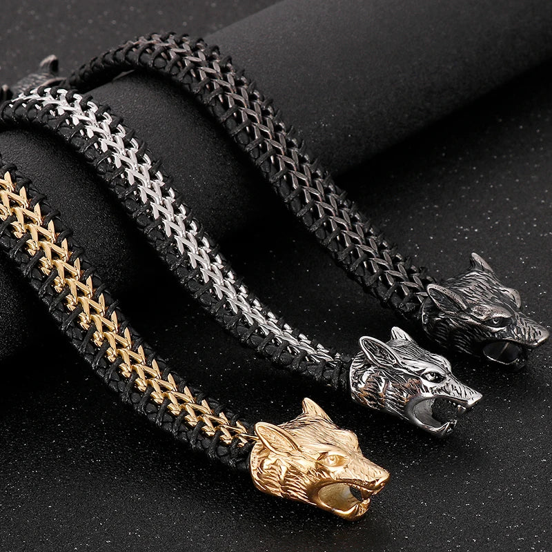 Vintage Double Wolf Lion Head Men's Bracelets 23CM Long Braided Genuine Leather & Stainless Steel Gothic Skull Bracelet for Men