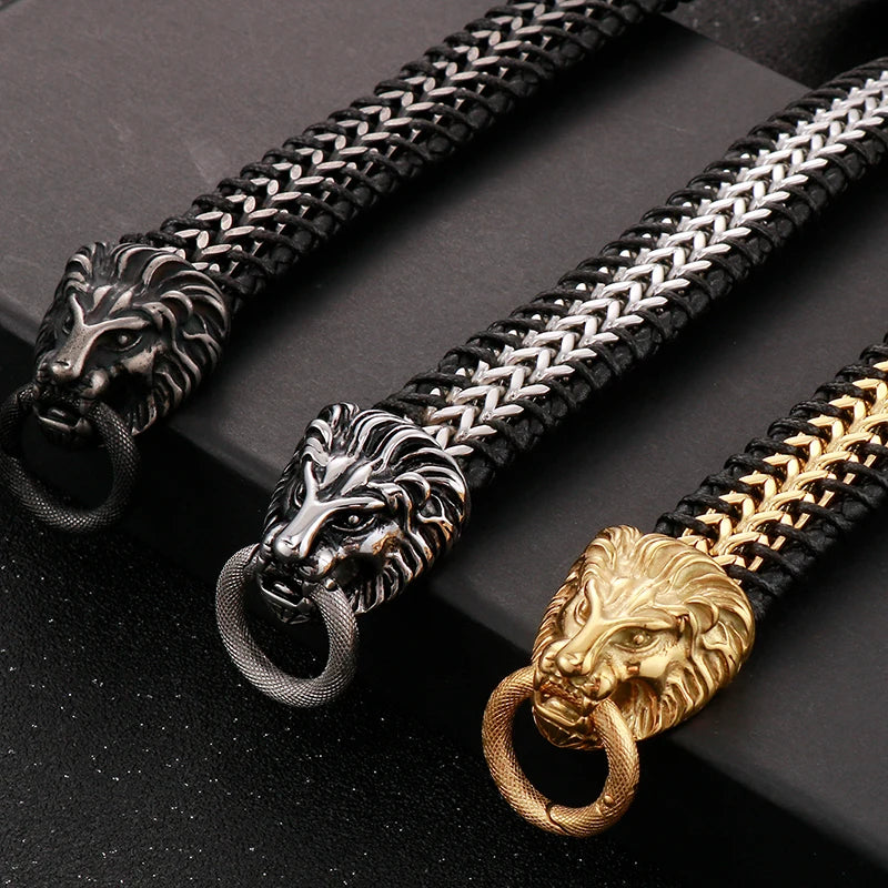 Vintage Double Wolf Lion Head Men's Bracelets 23CM Long Braided Genuine Leather & Stainless Steel Gothic Skull Bracelet for Men