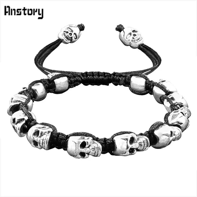 Smile Skull Skeleton Bead Bracelets Strand Vintage Boho Antique Silver Plated Handmade Rope Woven Fashion Jewelry
