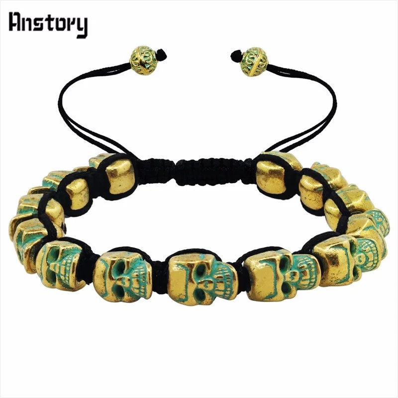 Smile Skull Skeleton Bead Bracelets Strand Vintage Boho Antique Silver Plated Handmade Rope Woven Fashion Jewelry