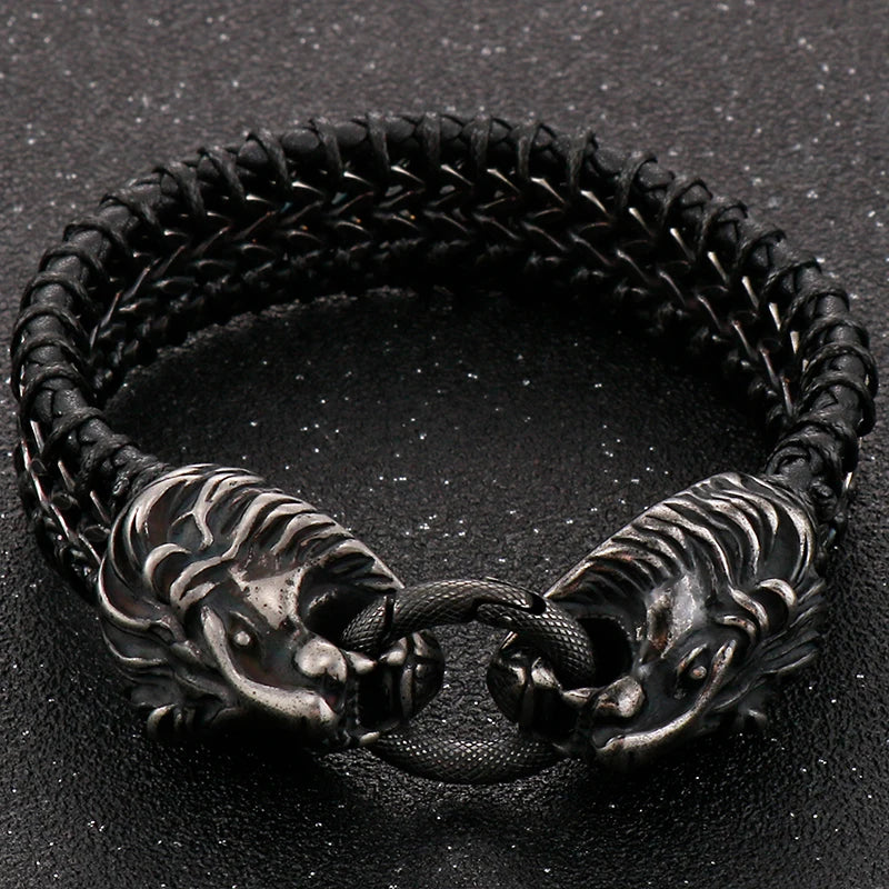 Vintage Double Wolf Lion Head Men's Bracelets 23CM Long Braided Genuine Leather & Stainless Steel Gothic Skull Bracelet for Men