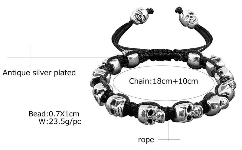 Smile Skull Skeleton Bead Bracelets Strand Vintage Boho Antique Silver Plated Handmade Rope Woven Fashion Jewelry