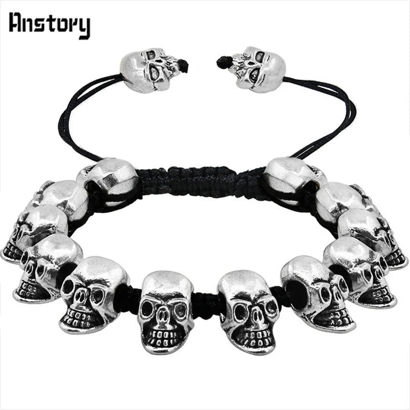Smile Skull Skeleton Bead Bracelets Strand Vintage Boho Antique Silver Plated Handmade Rope Woven Fashion Jewelry
