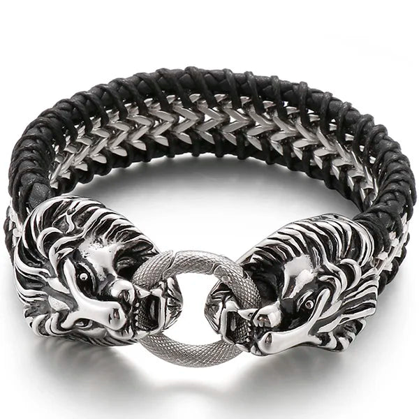 Vintage Double Wolf Lion Head Men's Bracelets 23CM Long Braided Genuine Leather & Stainless Steel Gothic Skull Bracelet for Men