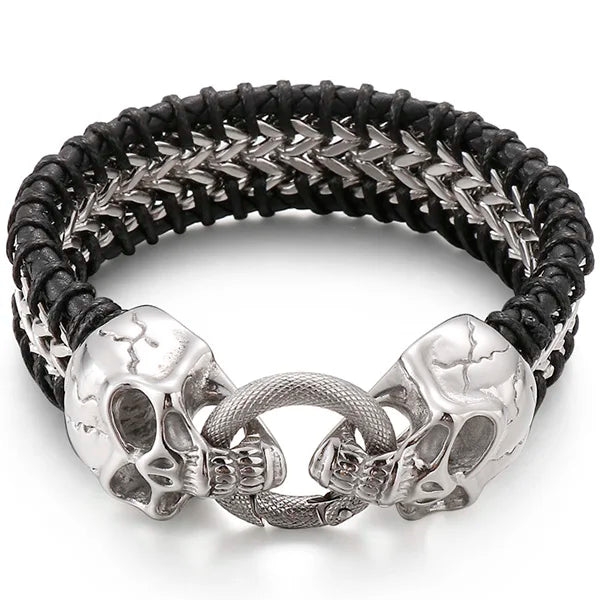 Vintage Double Wolf Lion Head Men's Bracelets 23CM Long Braided Genuine Leather & Stainless Steel Gothic Skull Bracelet for Men