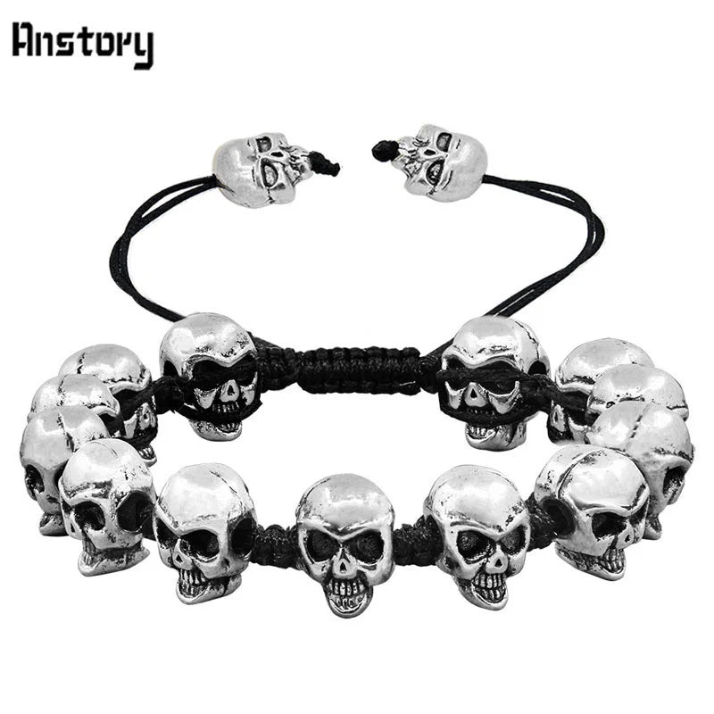 Smile Skull Skeleton Bead Bracelets Strand Vintage Boho Antique Silver Plated Handmade Rope Woven Fashion Jewelry