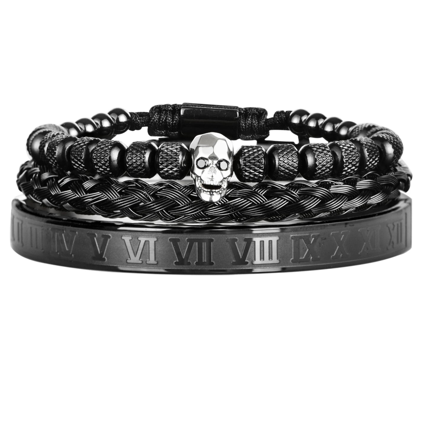 Luxury 3pcs/Set Skull Charm Black Bracelet Stainless Steel  Men Enamel Roman Number Bangles  Europe Fashion Couple Jewelry
