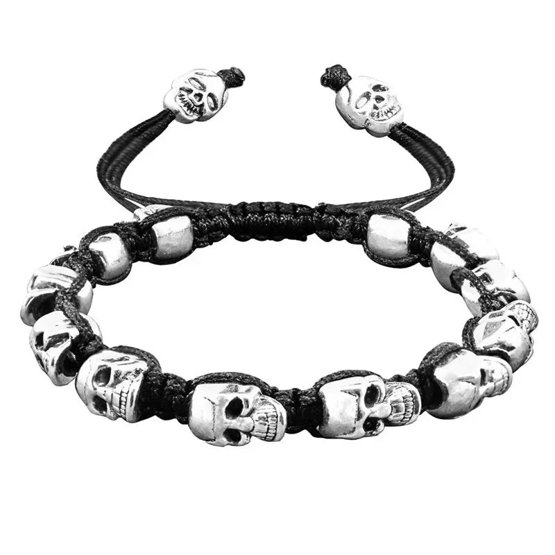 Smile Skull Skeleton Bead Bracelets Strand Vintage Boho Antique Silver Plated Handmade Rope Woven Fashion Jewelry