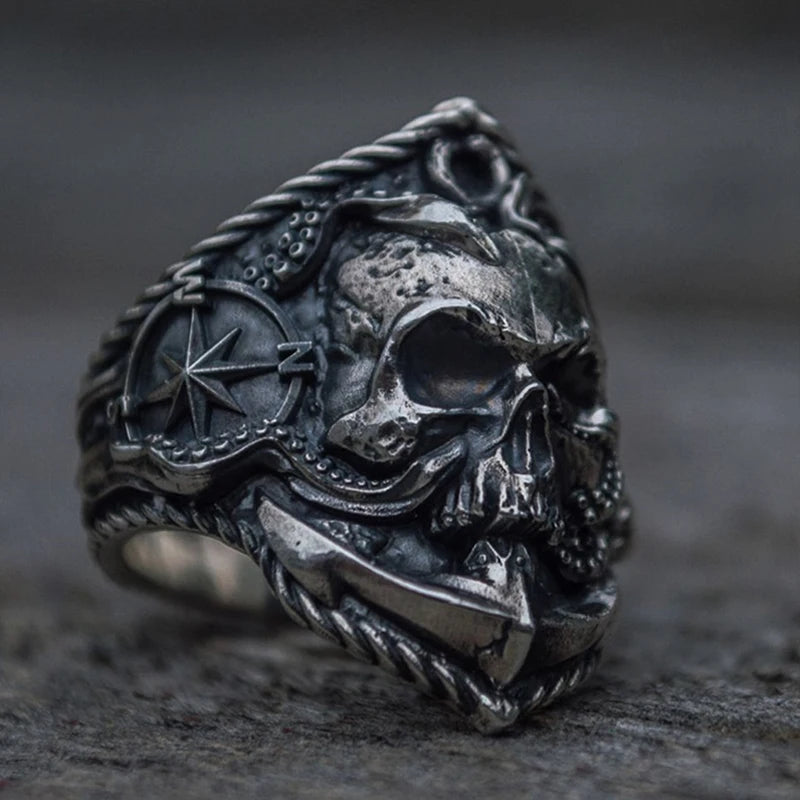 Gothic Men's Pirate Skull Ring Unique Pirate Octopus Anchor Adsorption Compass Ring Male Stainless Steel Punk Skull Biker Ring