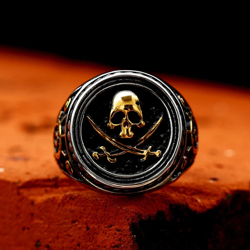 Viking Pirate Signet Double Knife Skull Rings for Men Stainless Steel Viking Ring Biker Amulet Vintage Jewelry Gift Dropshipping