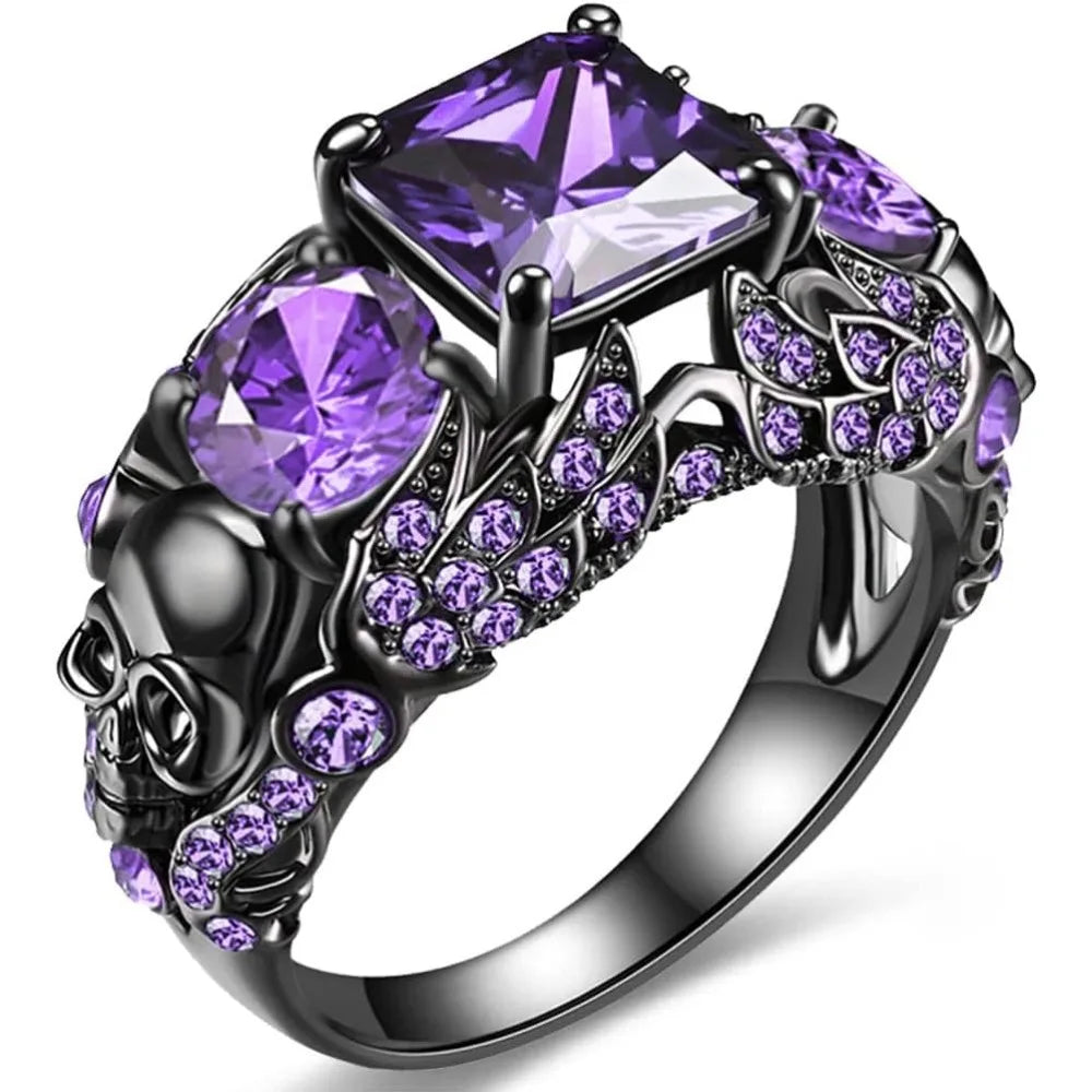 Gothic Jewelry Purple Red Black Crystal Unique Black Skull Rings for Women Halloween Christmas Gifts