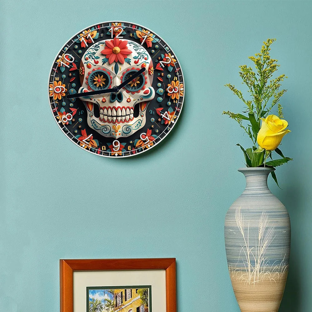 DIY Wall Clock Kit–2D High-Definition Printing–Día De Muertos Mexican Theme Includes Clock Movement for Creative Home Decor
