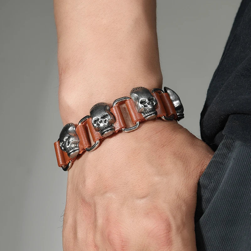 Punk rock metal skull accessories genuine leather bracelet for men women