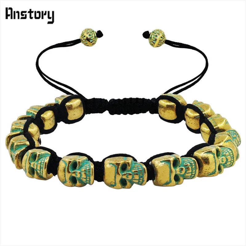 Smile Skull Skeleton Bead Bracelets Strand Vintage Boho Antique Silver Plated Handmade Rope Woven Fashion Jewelry