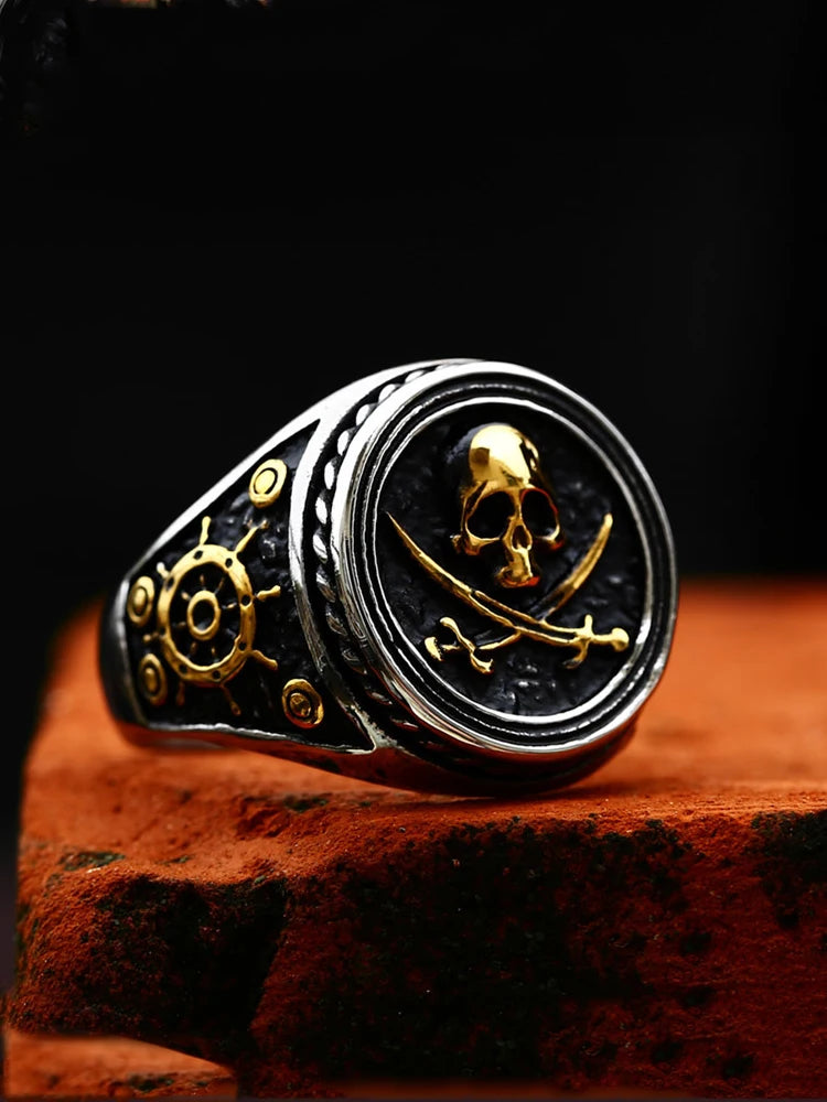 Viking Pirate Signet Double Knife Skull Rings for Men Stainless Steel Viking Ring Biker Amulet Vintage Jewelry Gift Dropshipping