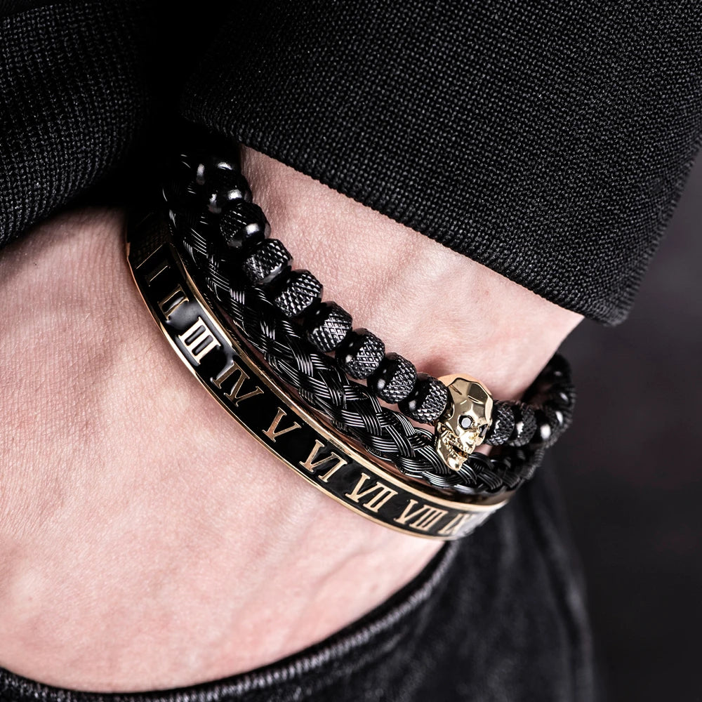 Luxury 3pcs/Set Skull Charm Black Bracelet Stainless Steel  Men Enamel Roman Number Bangles  Europe Fashion Couple Jewelry
