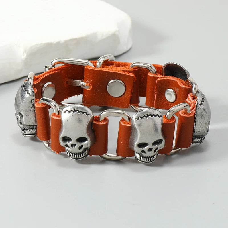 Punk rock metal skull accessories genuine leather bracelet for men women