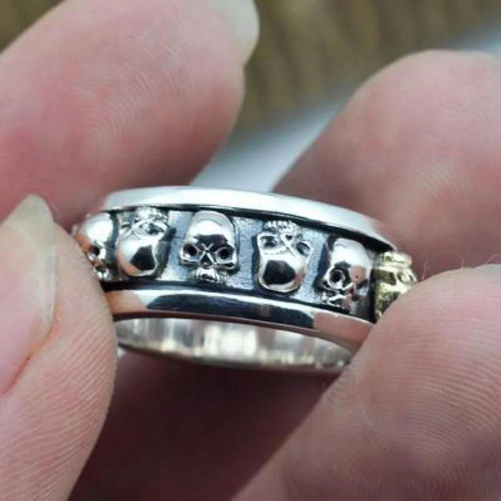 S925 Sterling Silver Rotating Spinner Skull Mens Rings Retro Punk Rock Style Aneis Vintage Fine Jewelry