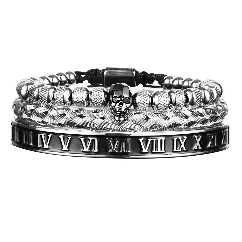 Luxury 3pcs/Set Skull Charm Black Bracelet Stainless Steel  Men Enamel Roman Number Bangles  Europe Fashion Couple Jewelry