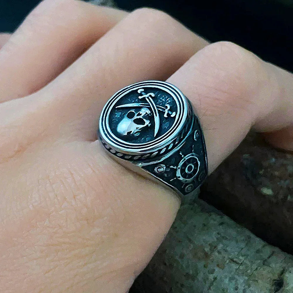 Viking Pirate Signet Double Knife Skull Rings for Men Stainless Steel Viking Ring Biker Amulet Vintage Jewelry Gift Dropshipping