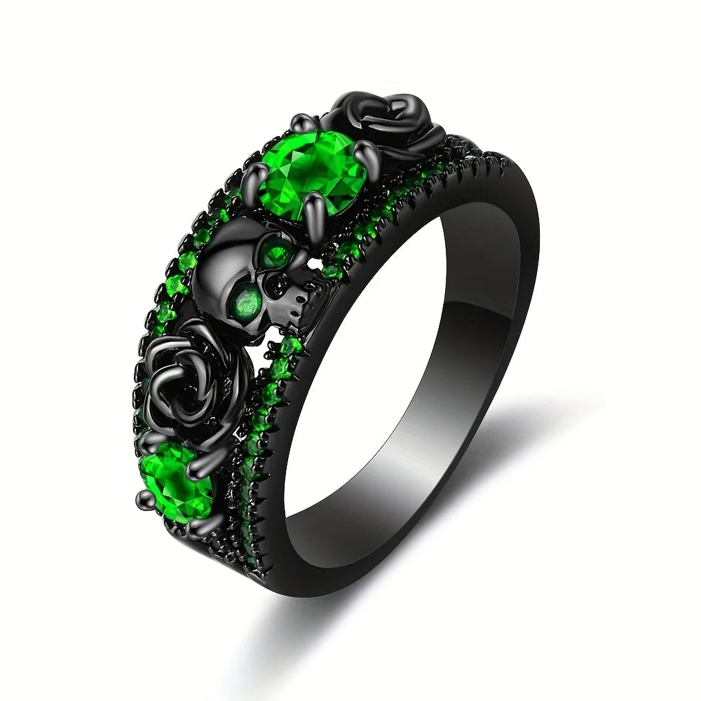Punky Style Ring Horror Skull & Rose Design Paved Shining Zirconia Suitable for Men and Women Rings