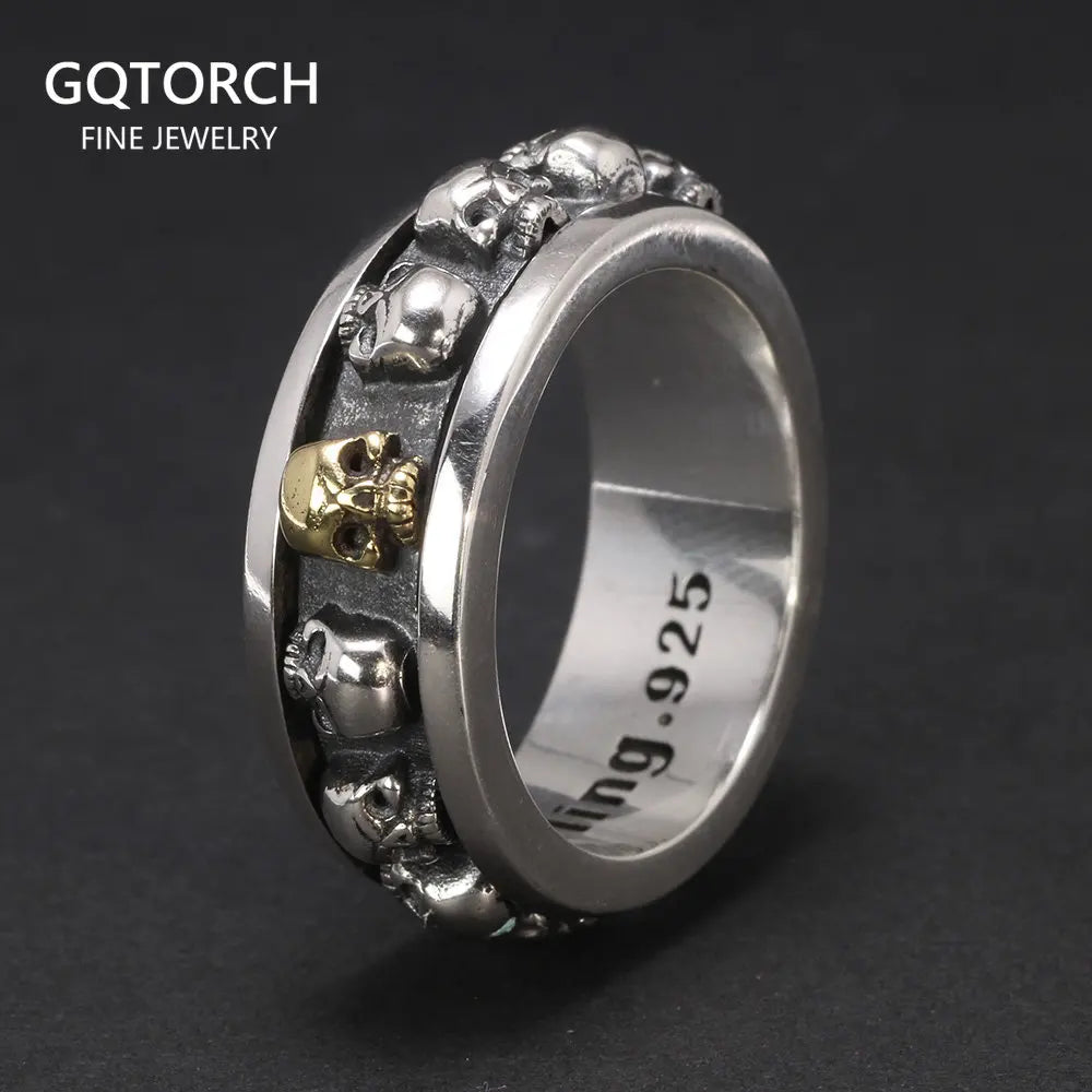 S925 Sterling Silver Rotating Spinner Skull Mens Rings Retro Punk Rock Style Aneis Vintage Fine Jewelry
