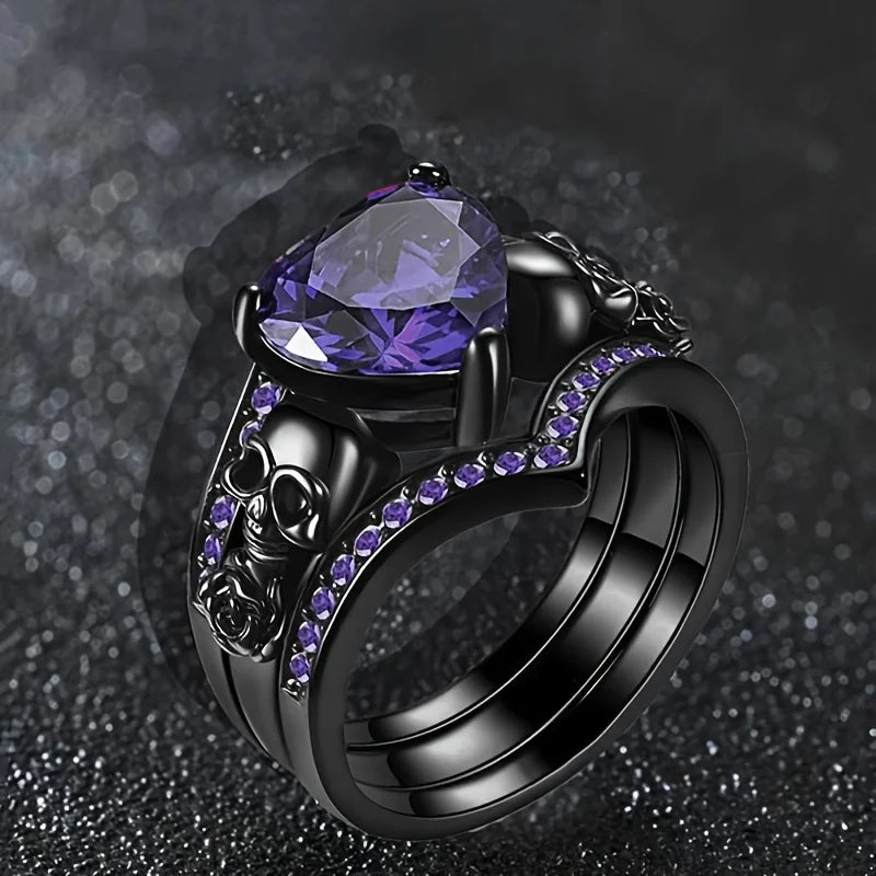 Gothic Style Rings Plated Inlaid Heart Shape Zircon Horror Skull On The Band Black / Red / Purple Just Pick One Halloween Decor