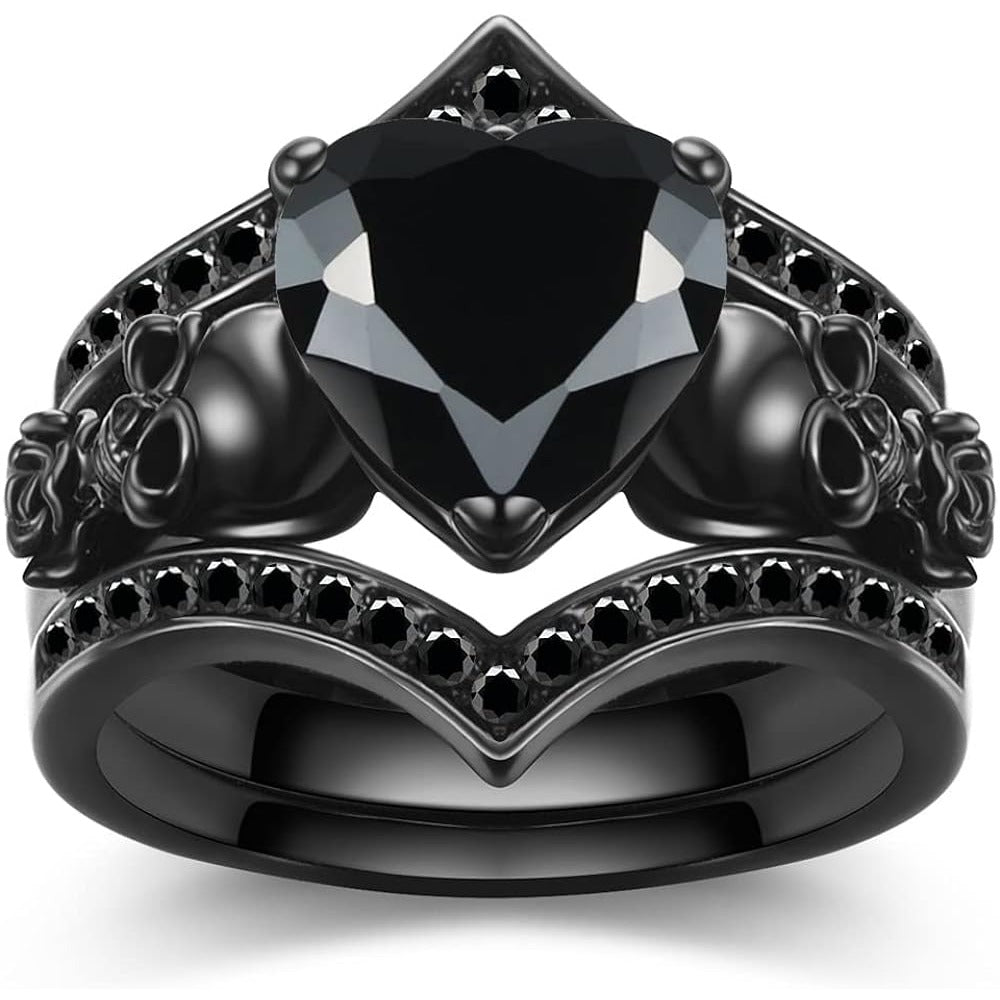 Gothic Black Rose Flower Skull Engagement Ring Set Red Purple Heart Zircon Crystal Anniversary Mother's Day Holiday Gift Jewelry