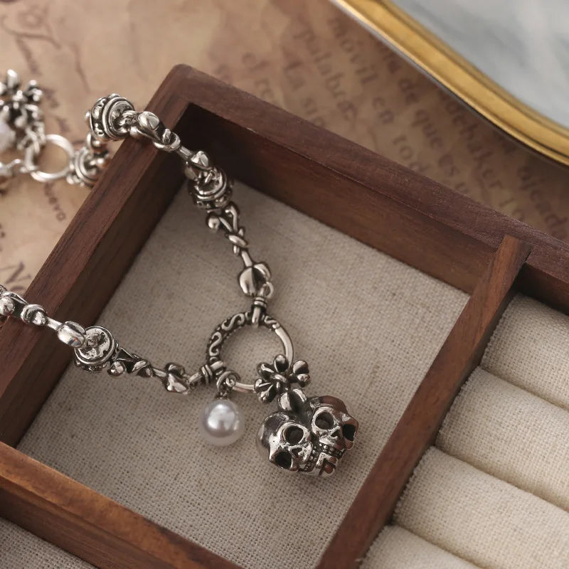 Best Sell Vintage Skull Heads 925 Sterling Silver Unisex Punk Rock Charm Bracelet Jewelry For Women Man Halloween Gift Cheap