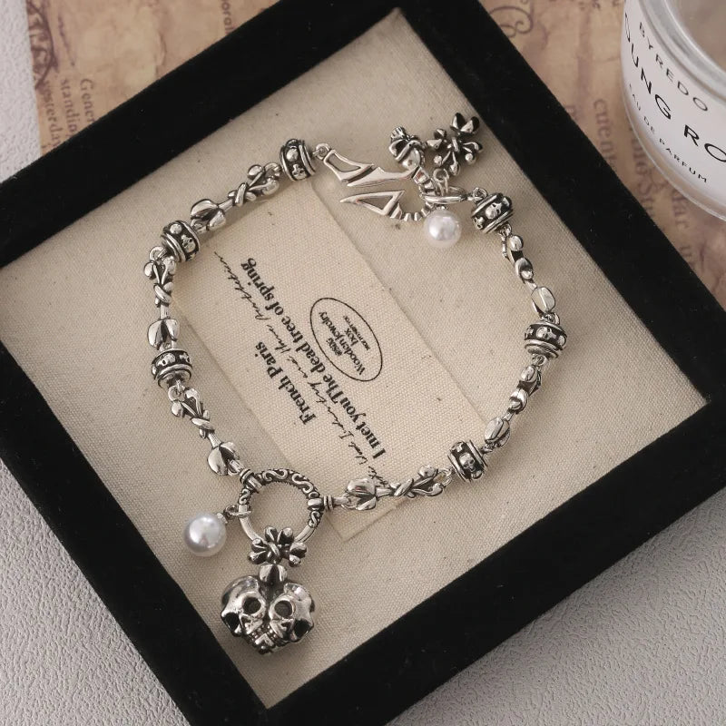 Best Sell Vintage Skull Heads 925 Sterling Silver Unisex Punk Rock Charm Bracelet Jewelry For Women Man Halloween Gift Cheap