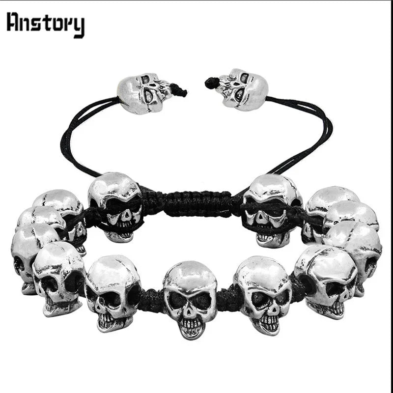 Smile Skull Skeleton Bead Bracelets Strand Vintage Boho Antique Silver Plated Handmade Rope Woven Fashion Jewelry