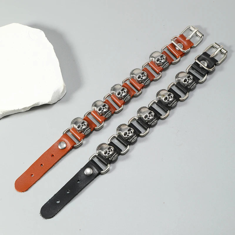 Punk rock metal skull accessories genuine leather bracelet for men women